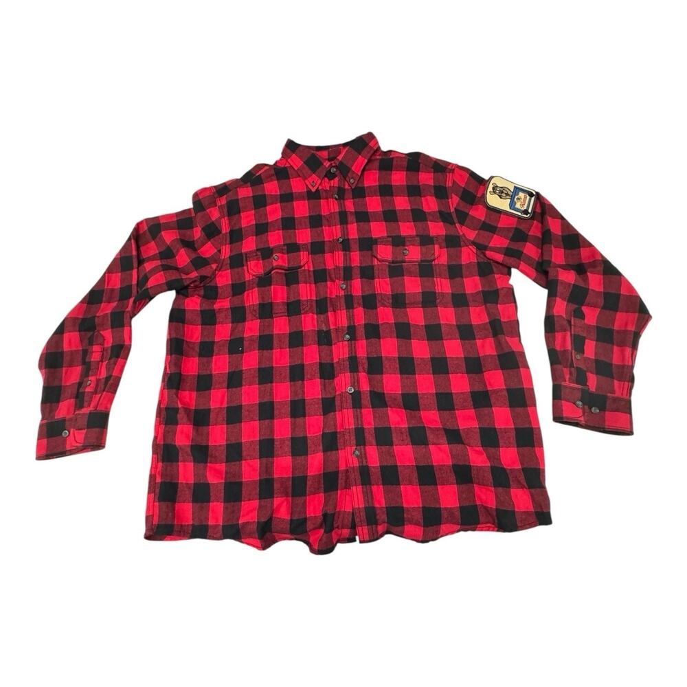 Angry Minnow Flannel Shirt Men's XL Red Black Plaid Hamms Beer Long Sleeve Retro